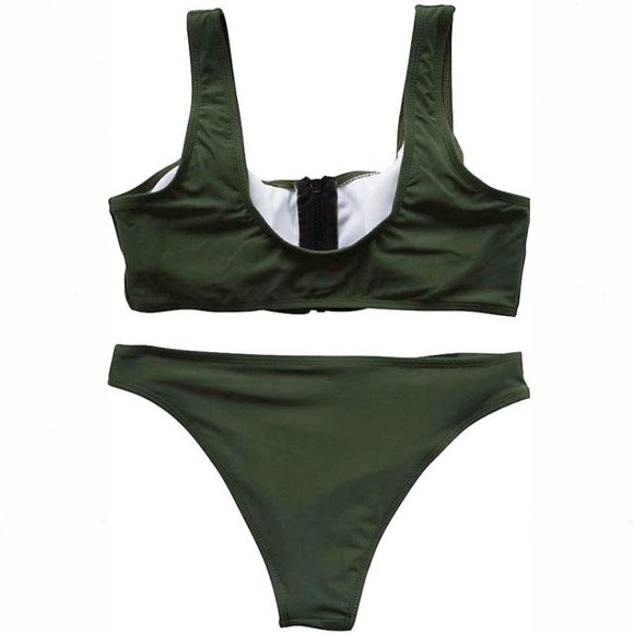 Army Green Scoop Neck Zip-Front Crop Top Bikini - Picture 6 of 16